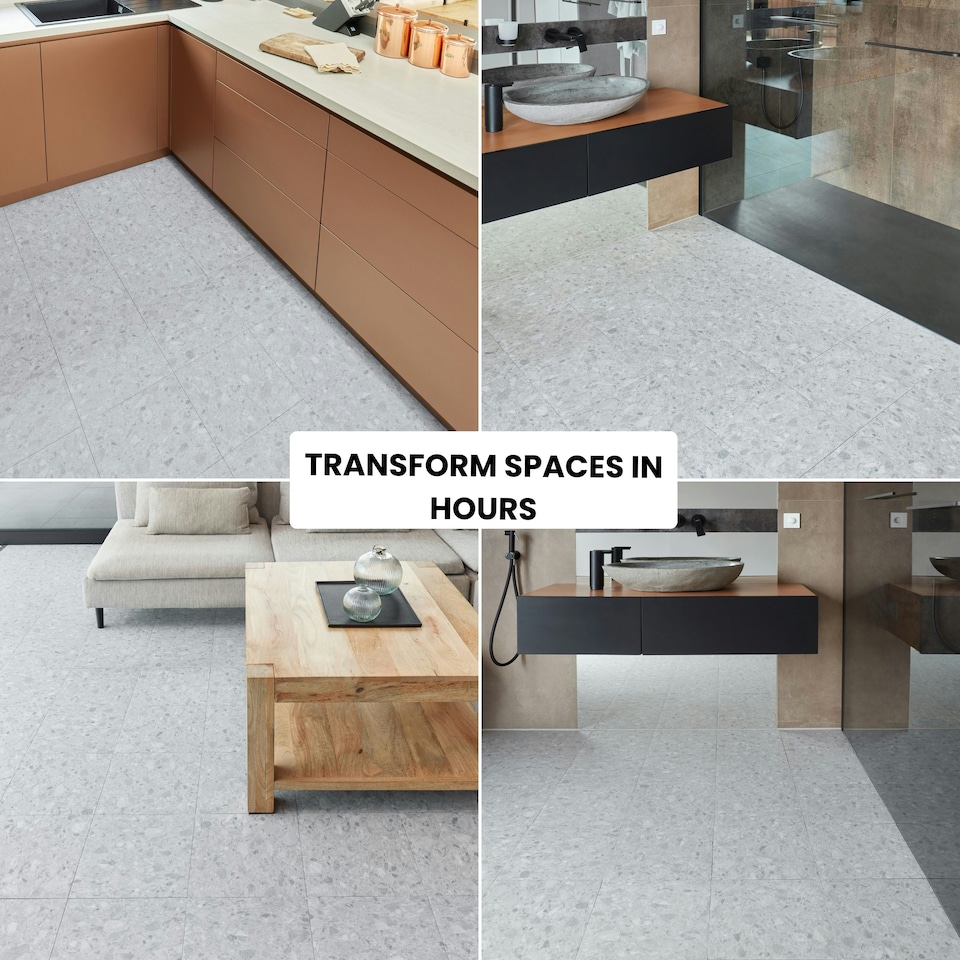 image 1 of NOVECRAFTO Vinyl Floor Tiles Self Adhesive – Peel and Stick 12x12in (30.5x30.5cm) Vinyl Flooring for Kitchen, Bathroom & Living Room – Arctic Terrazzo Design Grey | 5.57 sqm