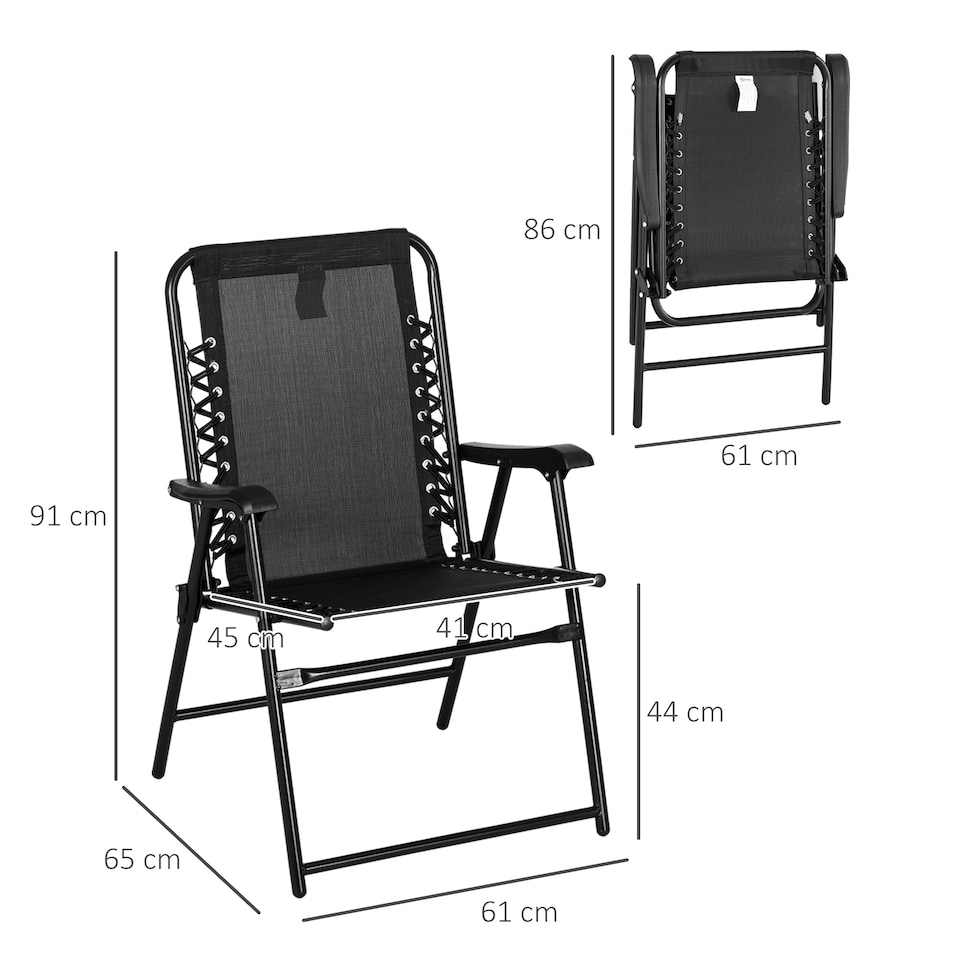 image 1 of Outsunny Set of 2 Patio Folding Chair Set, Garden Portable Outdoor Chairs with Armrest and Breathable Mesh Fabric Seat and Backrest, for Camping, Beach, Deck, Lawn, Black
