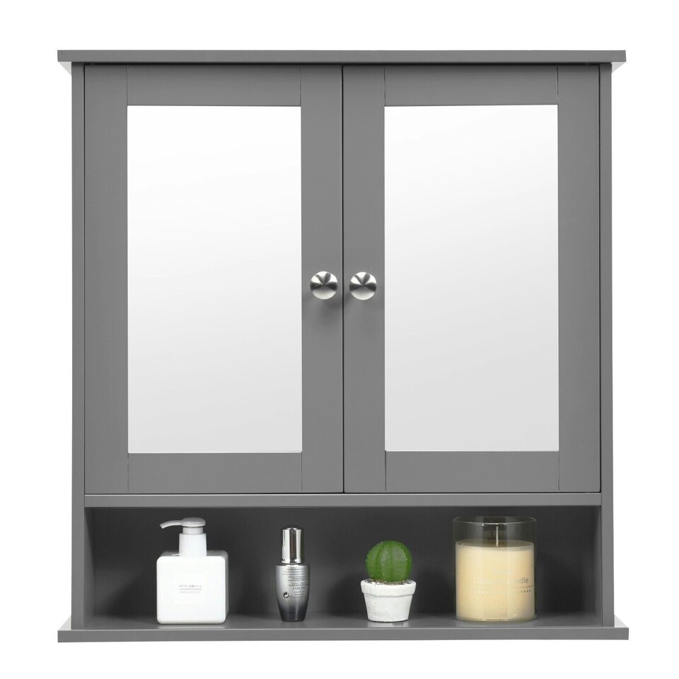 image 1 of COSTWAY Wall Mounted Bathroom Mirror Cabinet Storage Grey Grey