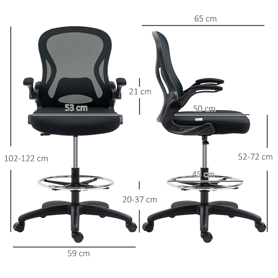 image 1 of Vinsetto Draughtsman Chair Mesh Chair w/ Adjustable Footrest Ring, Black