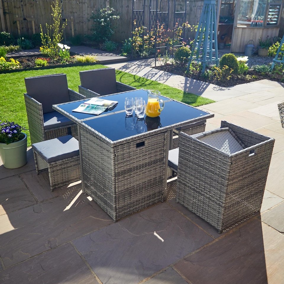 image 1 of 9 Piece Cube Rattan Garden Furniture Set 4 Chairs 4 Footstool Chairs & Table