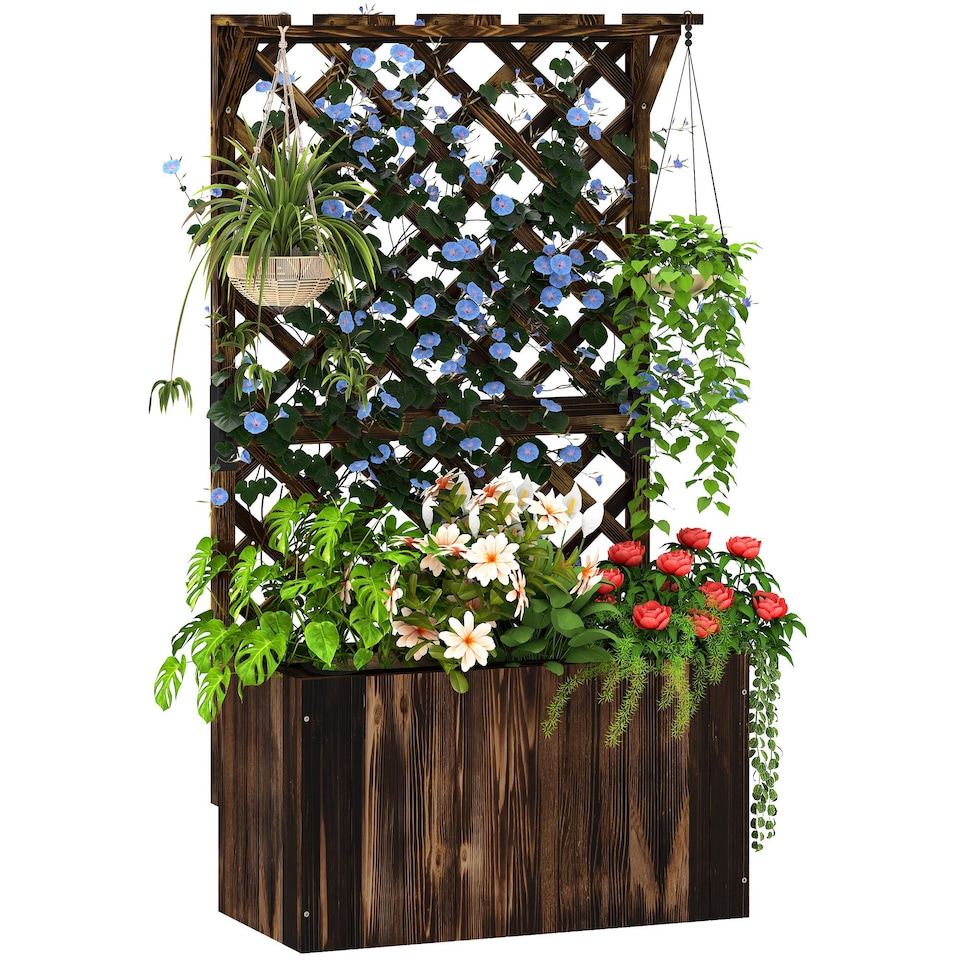 image 1 of Outsunny Wooden Planter with Trellis and Drainage Holes | Brown | Carbonised finish