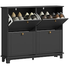 HOMCOM Narrow Shoe Cabinet with 4 Flip Drawers Adjustable Shelves Black | Gold | 119.5W x 23.5D x 87H cm