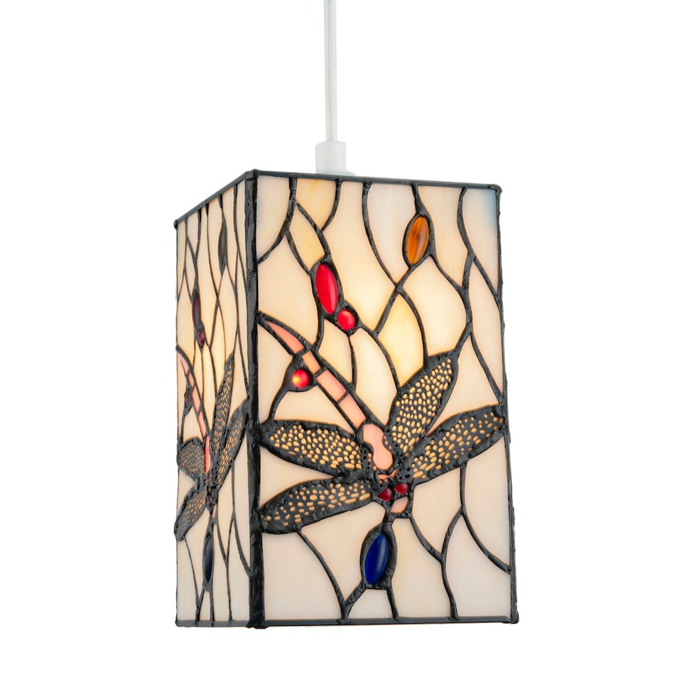 image 1 of White Stained Glass Dragonfly Rectangular Tiffany Pendant Light Shade White