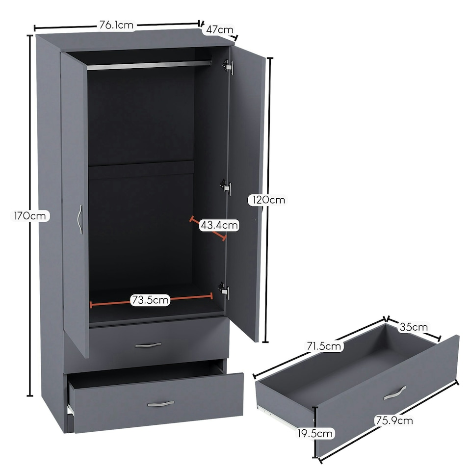 image 1 of Vida Designs Riano 2 Door 2 Drawer Wardrobe With Shelf & Clothes Rail, Grey