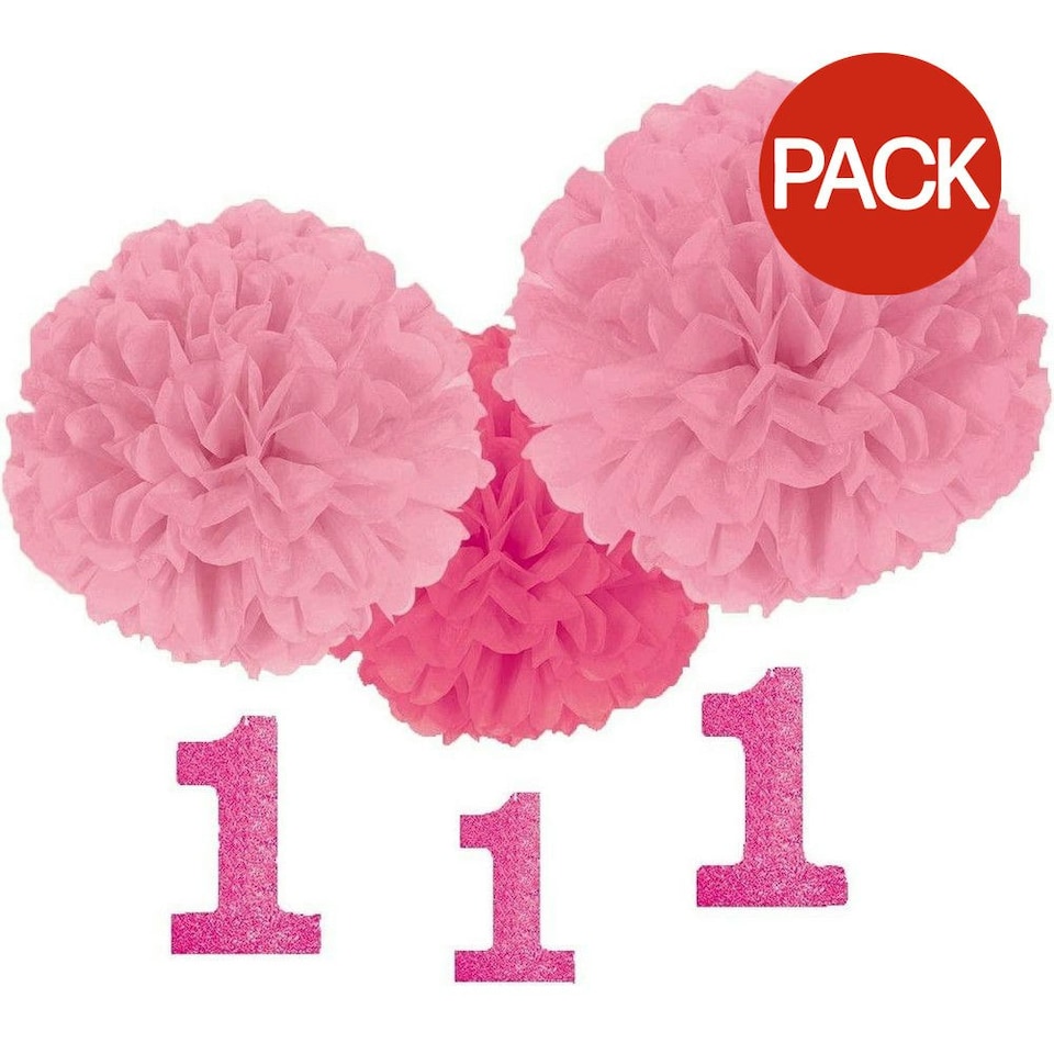 Amscan Fluffy Pom Pom 1st Birthday Hanging Decoration (Pack of 3) - Pink - One Size