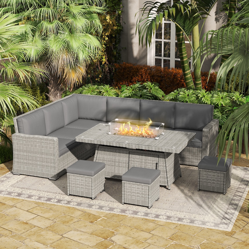 image 1 of Outsunny 7 Pieces Rattan Garden Furniture Set w/ 50,000 BTU Fire Pit Table | Grey