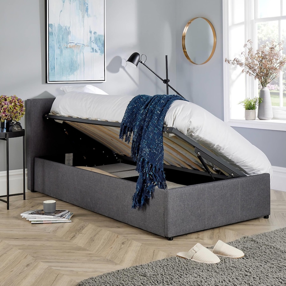 image 1 of Ottoman Side Lift Storage Bed Single Hopsack Fabric Bed Frame Gas Lift Furniture