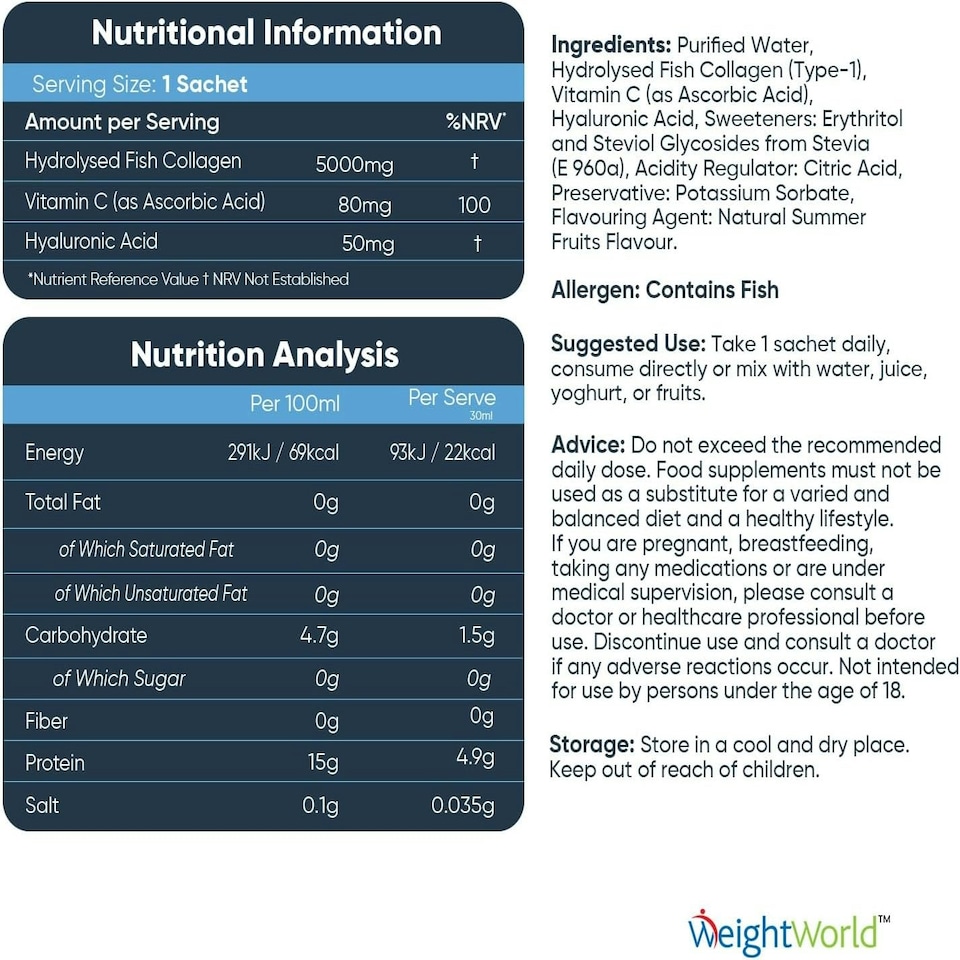 image 1 of Marine Collagen Liquid - 14 Sachets (5000mg Each) - With Vit C & Hyaluronic Acid - Type 1 Collagen