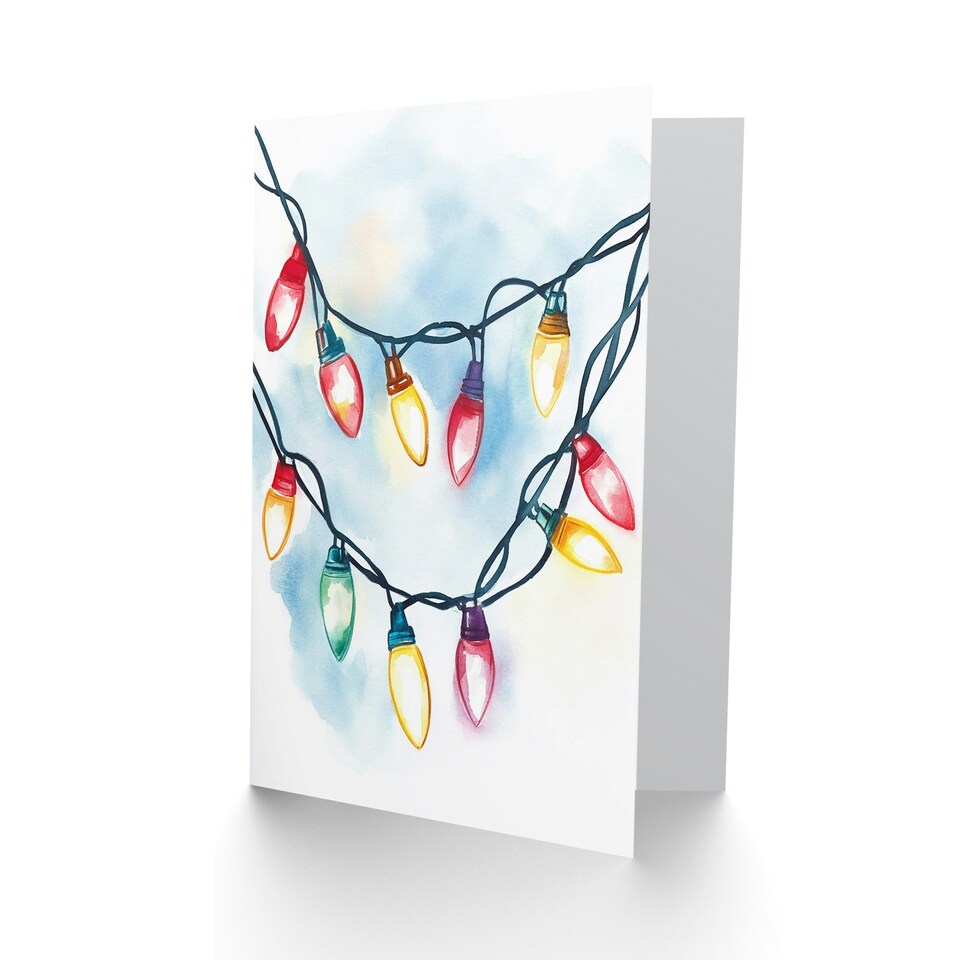 image 1 of Greeting Card Colourful Fairy String Lights Soft Watercolour Blank For Him Or Her Art Xmas Christmas Card