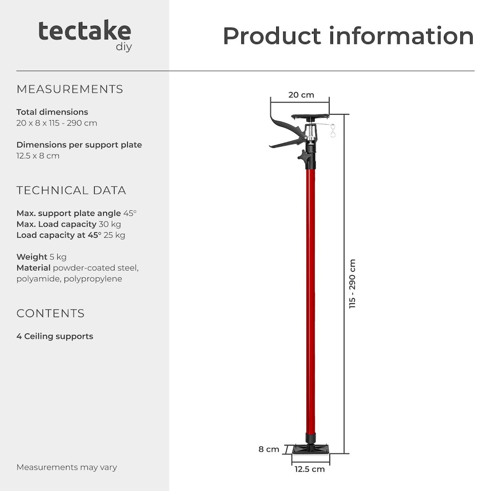 image 1 of Plasterboard Props Set of 4 Adjustable Ceiling Support Shore Holder 115 up to 290 cm | Red | red | 20 x 8 x 115 cm | 4
