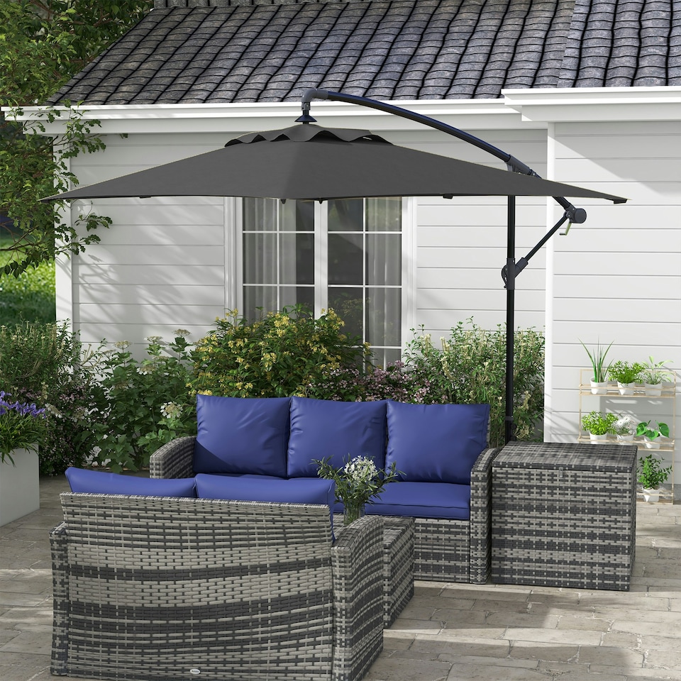 image 1 of Outsunny 3 m Cantilever Parasol with Cross Base, Crank Handle, 6 Ribs, Black