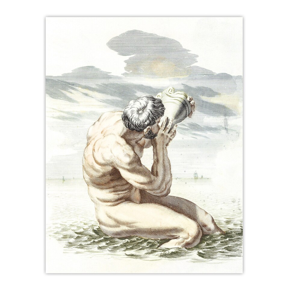 image 1 of Triton Blows On The Conch Shell Johan Teyler Huge Wall Art Print 18X24 In