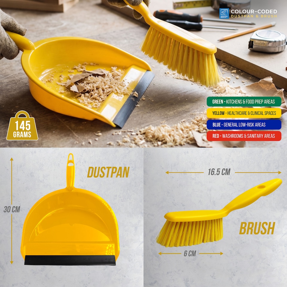 image 1 of Colour Coded Dustpan and Brush Sets Wide Plastic Dustpan with Rubber Lip and Soft Bristle Brush