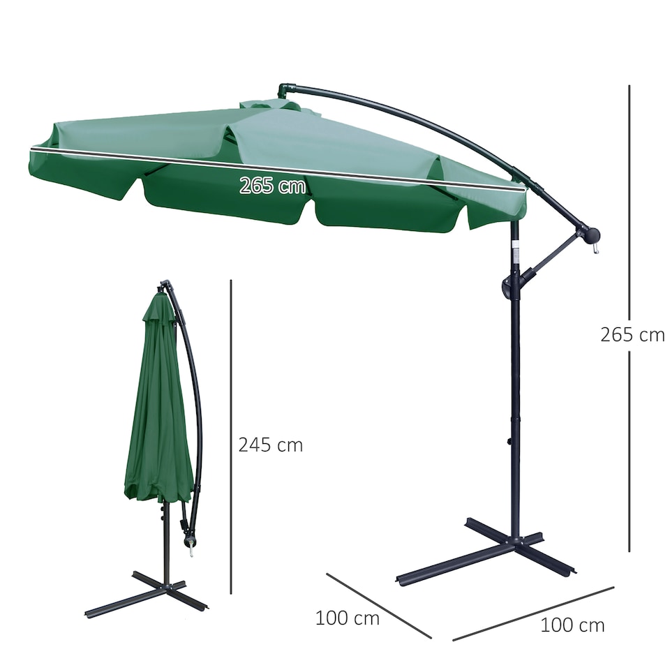 image 1 of Outsunny 2.7m Garden Banana Parasol Cantilever Umbrella with Crank Handle and Cross Base for Outdoor, Hanging Sun Shade, Green