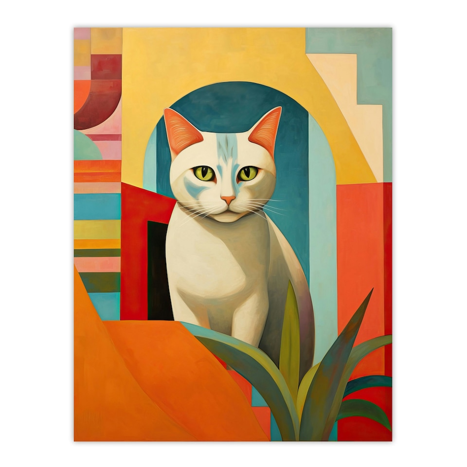image 1 of Abstract Cubist Cat Plant Feline Geometric Black Framed Wall Art Print A4