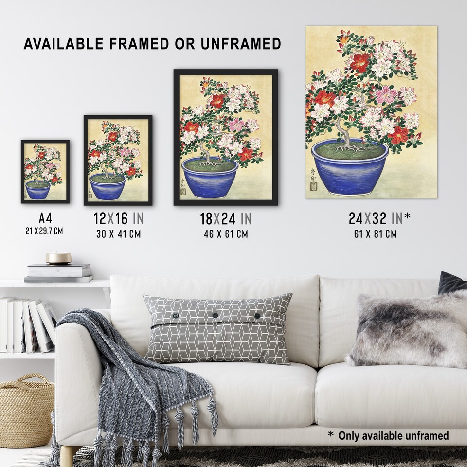image 1 of Blooming Azalea In Blue Pot Vintage Japan Wall Art Print Koson 24x32"
