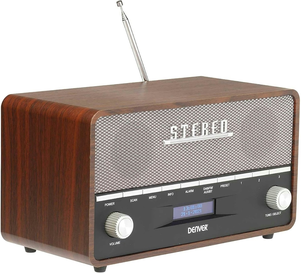 image 1 of Large Vintage Style DAB/DAB+ & FM Radio – Bluetooth – High Contrast Large Screen - AUX In – Clock & Dual Alarm – Dark Wood Cabinet – 2x5W – Mains or Battery