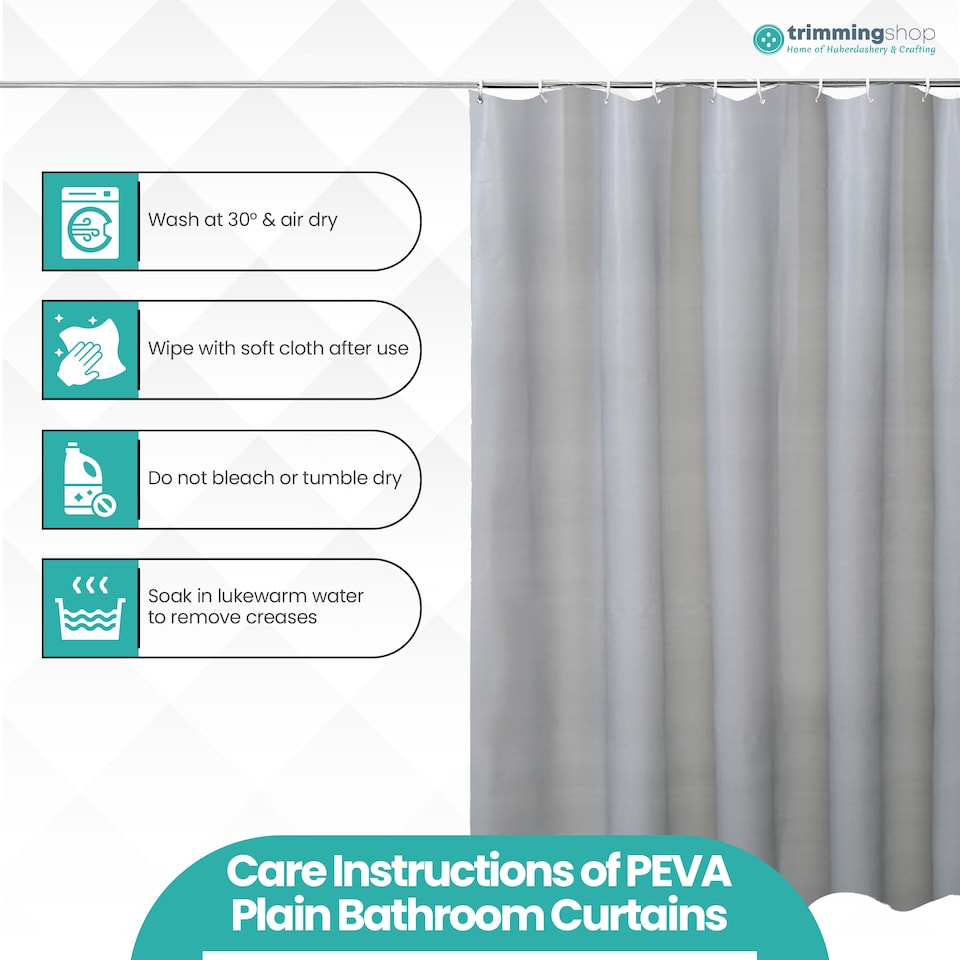 image 1 of PEVA Plain Mould & Mildew Resistant Shower Curtain with 12 Hooks - 180x180cm
