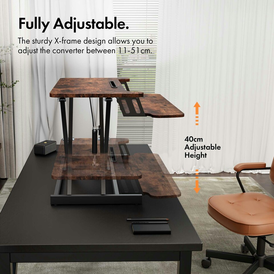 image 1 of VonHaus Height Adjustable Dark Wood Standing Desk Converter, 80cm length Brown
