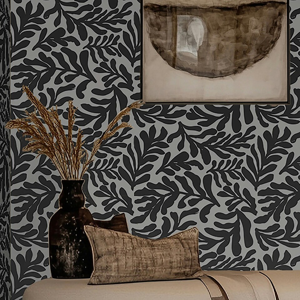 image 1 of Coral Leaf Wallpaper in Charcoal on White Multi