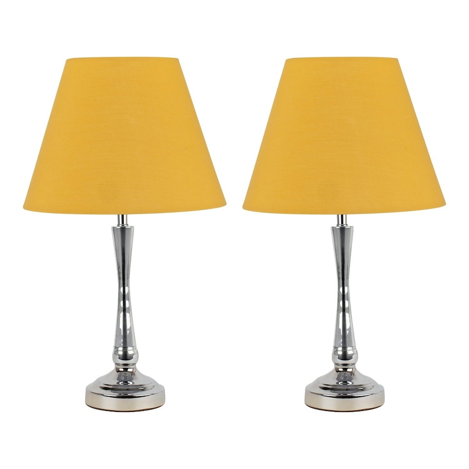 image 1 of Set of 2 Chrome Table Lamps with Stem Detail and Ochre Shades Chrome | Red