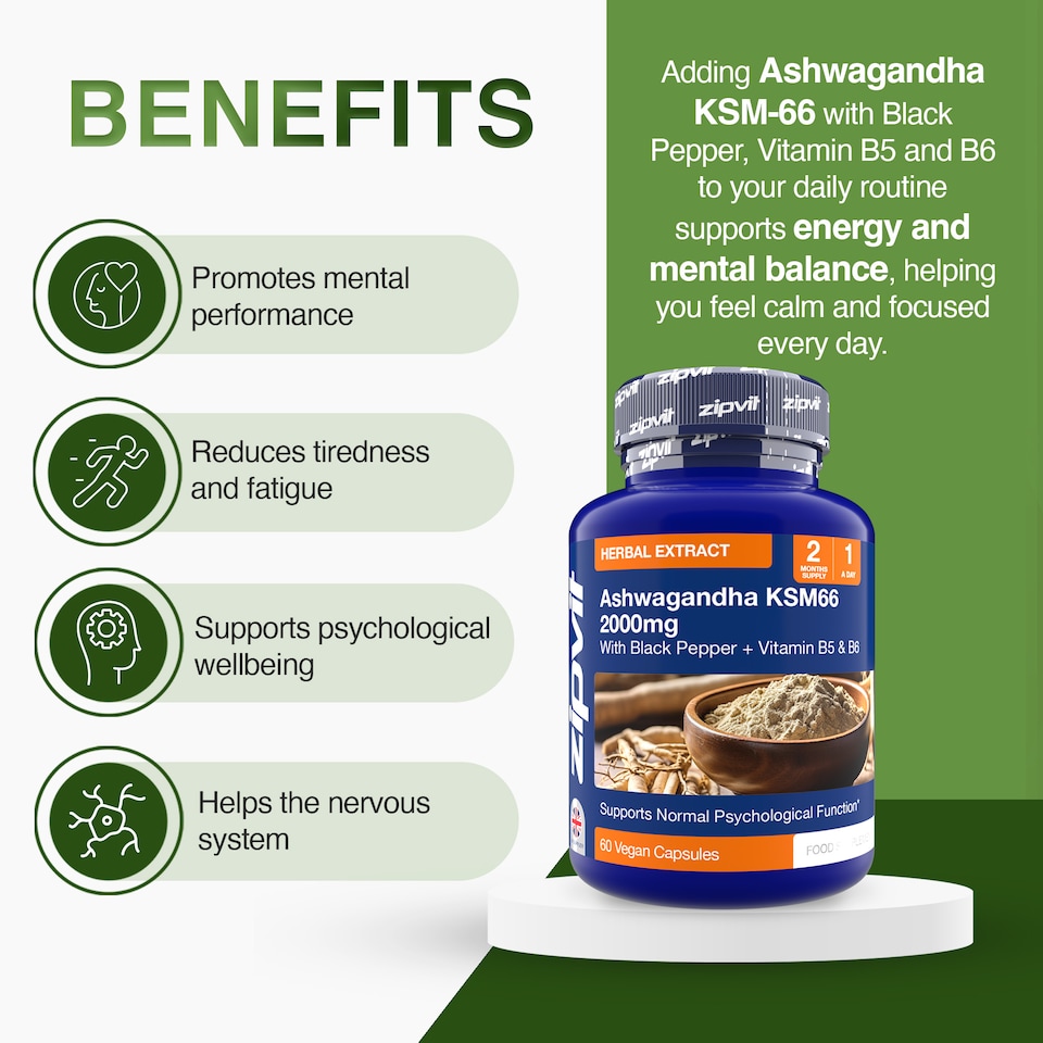 image 1 of Zipvit Ashwagandha KSM-66 Complex 2000mg with Vitamin B6, B5 & Black Pepper, Energy & Mental Performance, 60 Vegan Capsules, 2-Month Supply