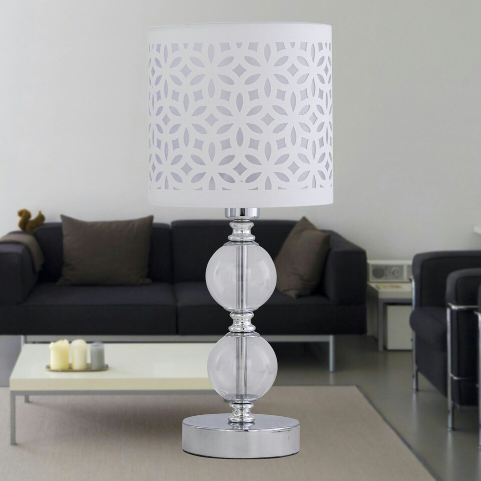 image 1 of First Choice Lighting Set of 2 Chrome Two Ball Table Lamps with White Cut Out Shades Chrome | White