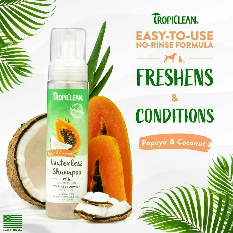 image 1 of TropiClean Moisturising Waterless Dog and Cat Shampoo Papaya & Coconut, 220ml