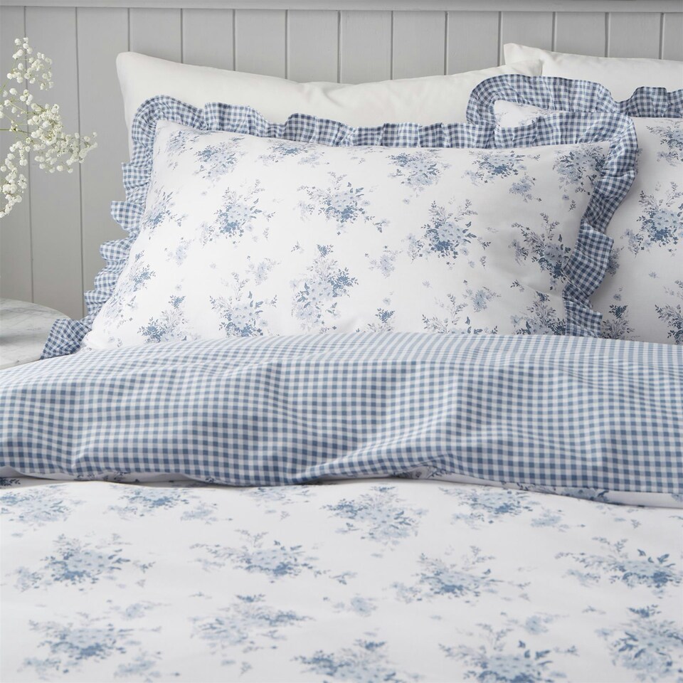 image 1 of Catherine Lansfield Lucie Floral Frill Blue Duvet Cover Set Blue | Double