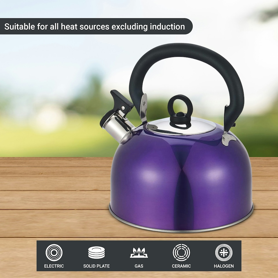 image 1 of Buckingham Stainless Steel Camping Whistling Kettle 2.5 Litre , Metallic Purple