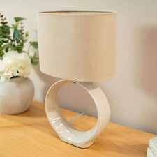 ValueLights Tia Natural Hoop Ceramic Bedside Table Lamp with a Fabric Lampshade - Bulb Included
