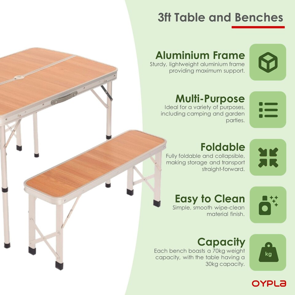 image 1 of Oypla 3ft Folding Outdoor Camping Kitchen Wood Effect Work Top Table and Benches Brown