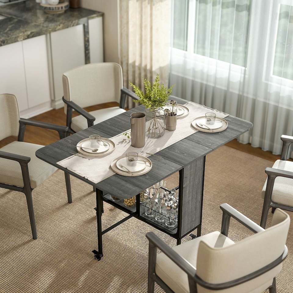 image 1 of HOMCOM Mobile Drop Leaf Dining Table on Wheels with Storage Shelf Grey