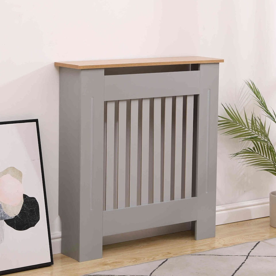 image 1 of Small Grey Wooden Slatted Grill Radiator Cover MDF Cabinet