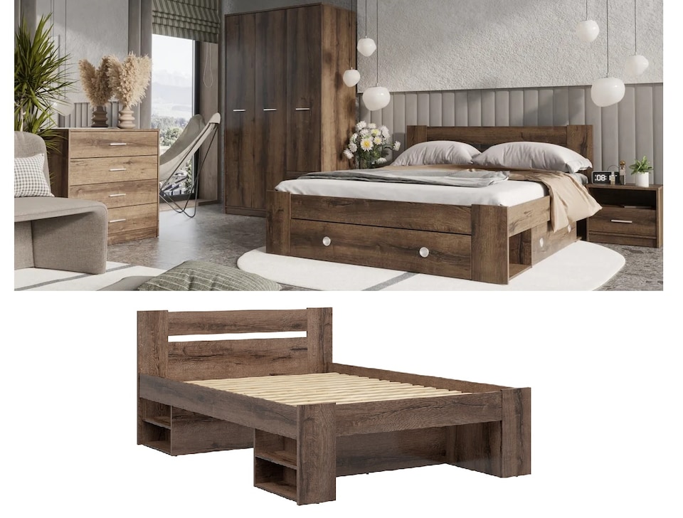 image 1 of King Size Bed Storage Shelves Dark Oak Headboard Built In Shelving 160cm Euro Wooden Slats Nepo