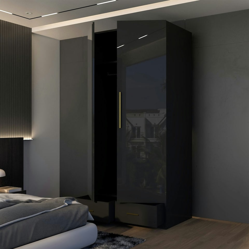 image 1 of Modern 2 Door High Gloss Wardrobe with Mirror, Gold Accent Handles & Storage - 90cm Wide Black | Black 90cm