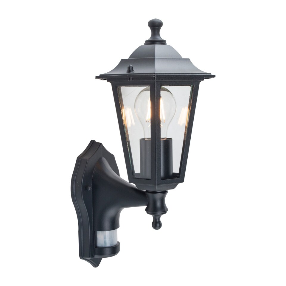 image 1 of Eversham - Black Six Sided Lantern Motion Sensor Outdoor Light | Black | Clear | 1
