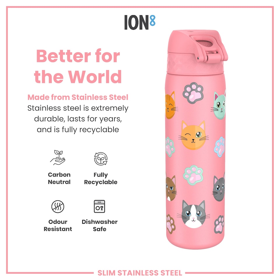 image 1 of Leak Proof Slim Water Bottle, Stainless Steel, 600ml (20oz) | Pink | Cats | One Size