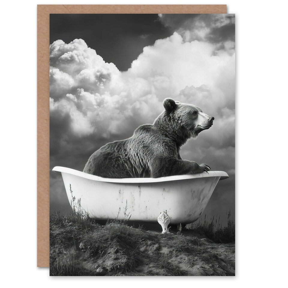 image 1 of Surreal Bear in Bathtub Black White Bath Time Birthday Greeting Card