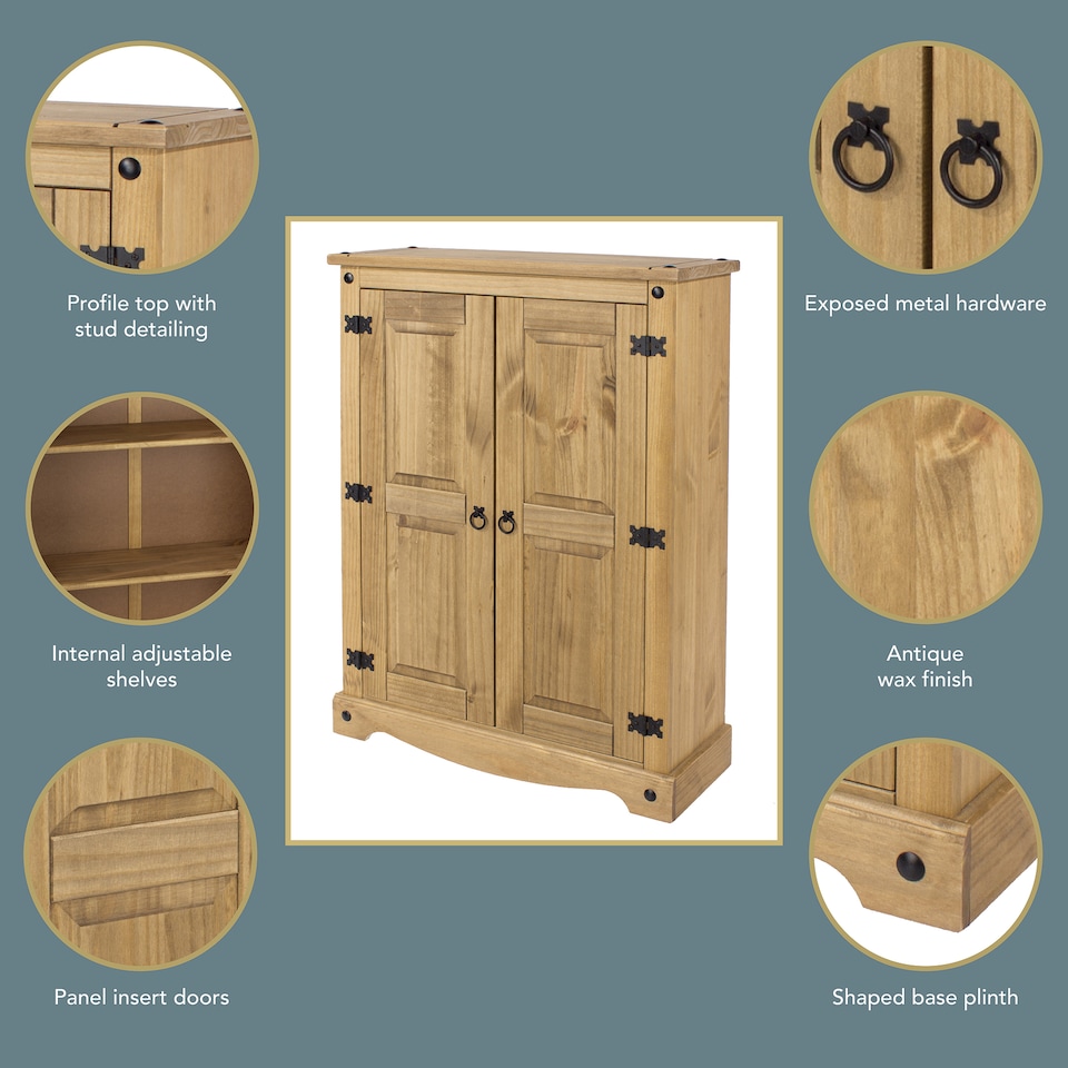 image 1 of Corona 2 Door Cupboard Unit in Antique Waxed Pine - Adjustable and Removable Shelves | Brown | Brown | One Size | 1