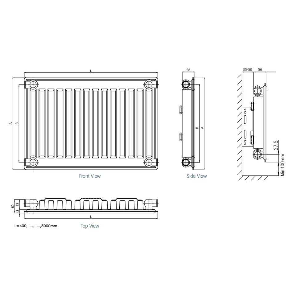 image 1 of 500mm (H) x 900mm (W) - Type 11 Radiator - Single Panel Convector - White Enamel (RAL 9016) - (0.5m x 0.9m) (20" x 36")