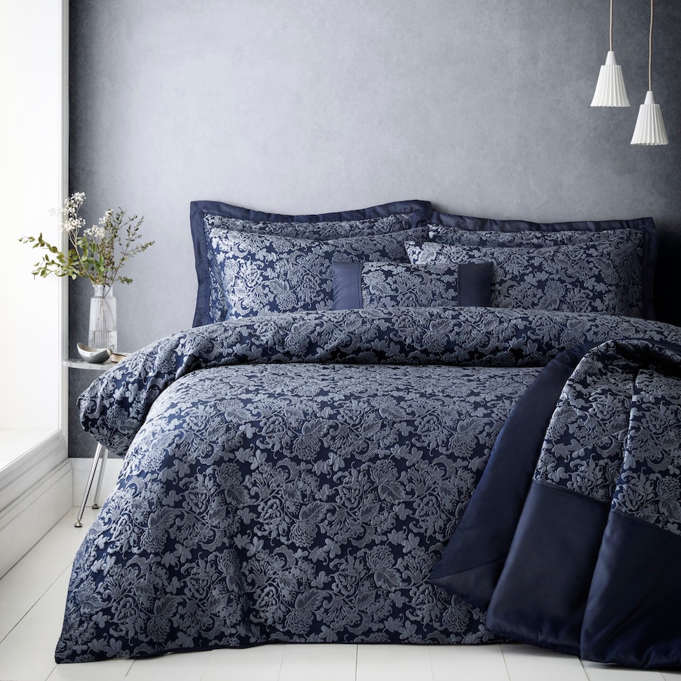 image 1 of Sandringham Damask Soft Easy Care Bed Linen Bedding Duvet Cover Quilt Set With Pillow Cases | Blue | Super King