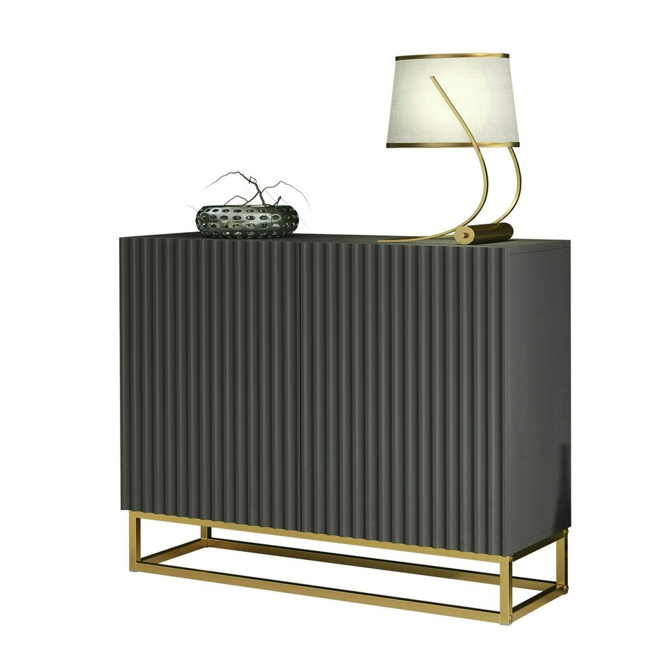 image 1 of Grey Sideboard 100cm Fluted Doors Gold Frame Modern Storage Cabinet Grey