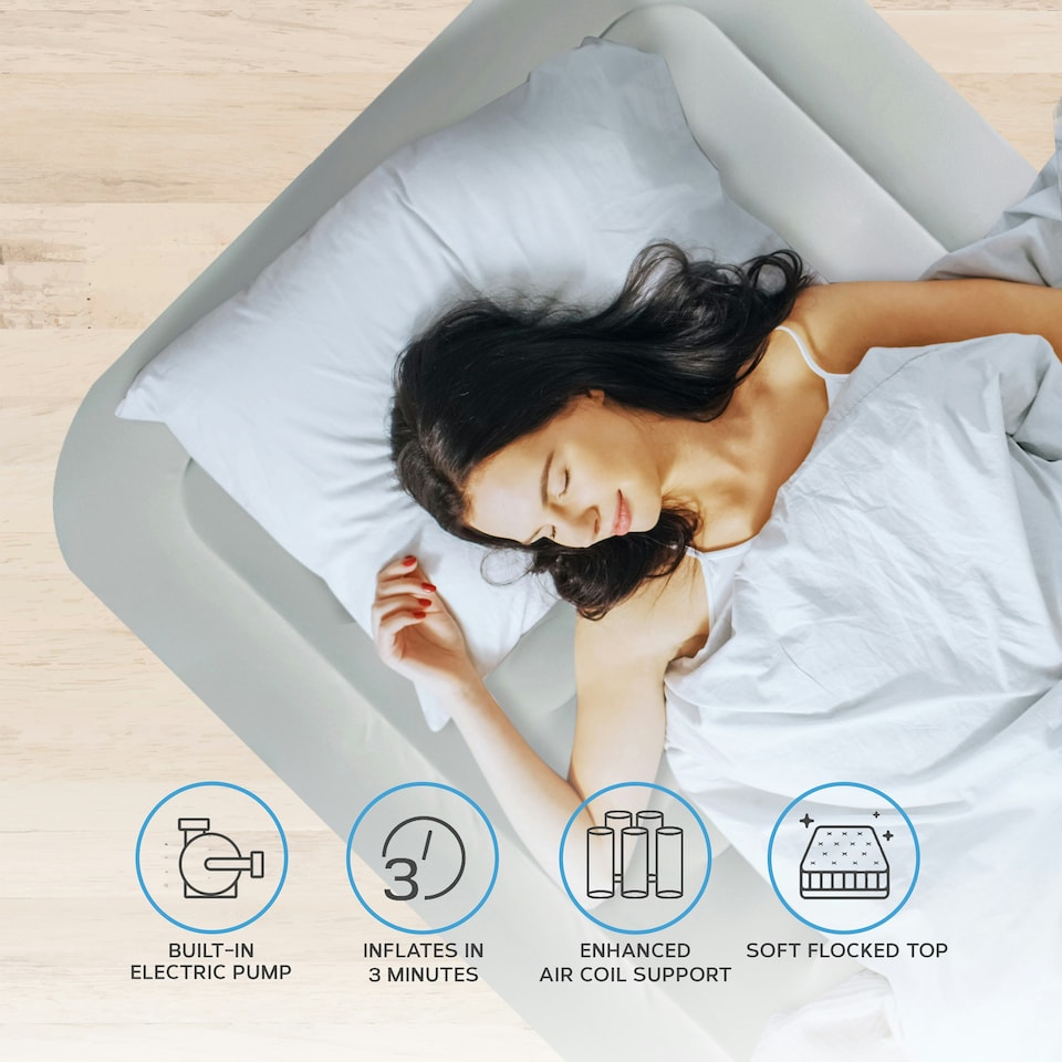 image 1 of Get Fit Air Bed with Built In Electric Pump - Single Size - Blow Up Bed with Free Pillow - Elevated Inflatable Air Mattress for Outdoor, Camping- Navy/White