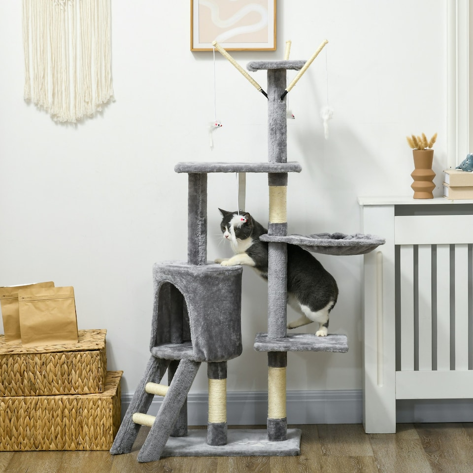 image 1 of PawHut Cat Tree for Indoor Cats, 135cm Scratching Post Climbing Tower, Grey