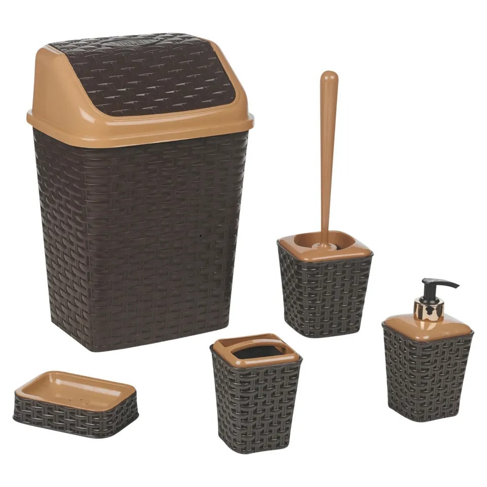 image 1 of 5-Pcs Violet Plastic Rattan Bathroom Set | Brown | 1