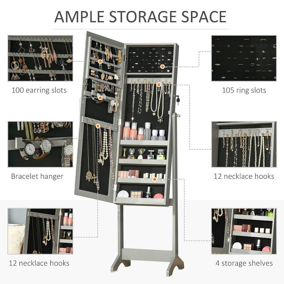 image 1 of HOMCOM Mirrored Jewellery Cabinet Lockable Jewellery Organiser Grey