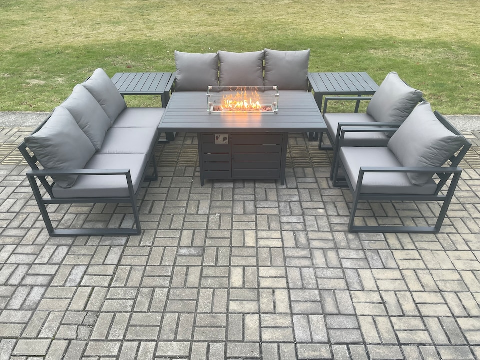 image 1 of Fimous Aluminium Outdoor Garden Furniture Set Patio Lounge Sofa Gas Fire Pit Dining Table Set with 2 Side Tables Dark Grey
