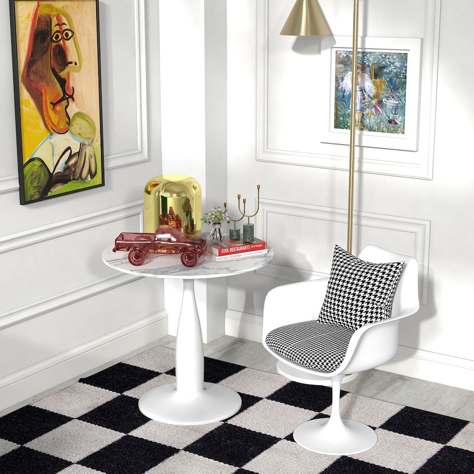 image 1 of HOMCOM Round Dining Table for 2, Modern Kitchen Table with Steel Base, Non-slip Foot Pad for Living Room, Dining Room, Faux Marbled White